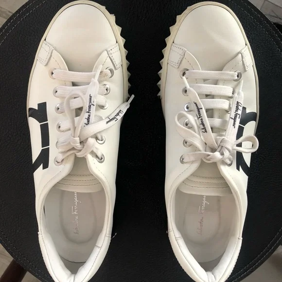 Salvatore Ferragamo White and Black Gancini Sneakers